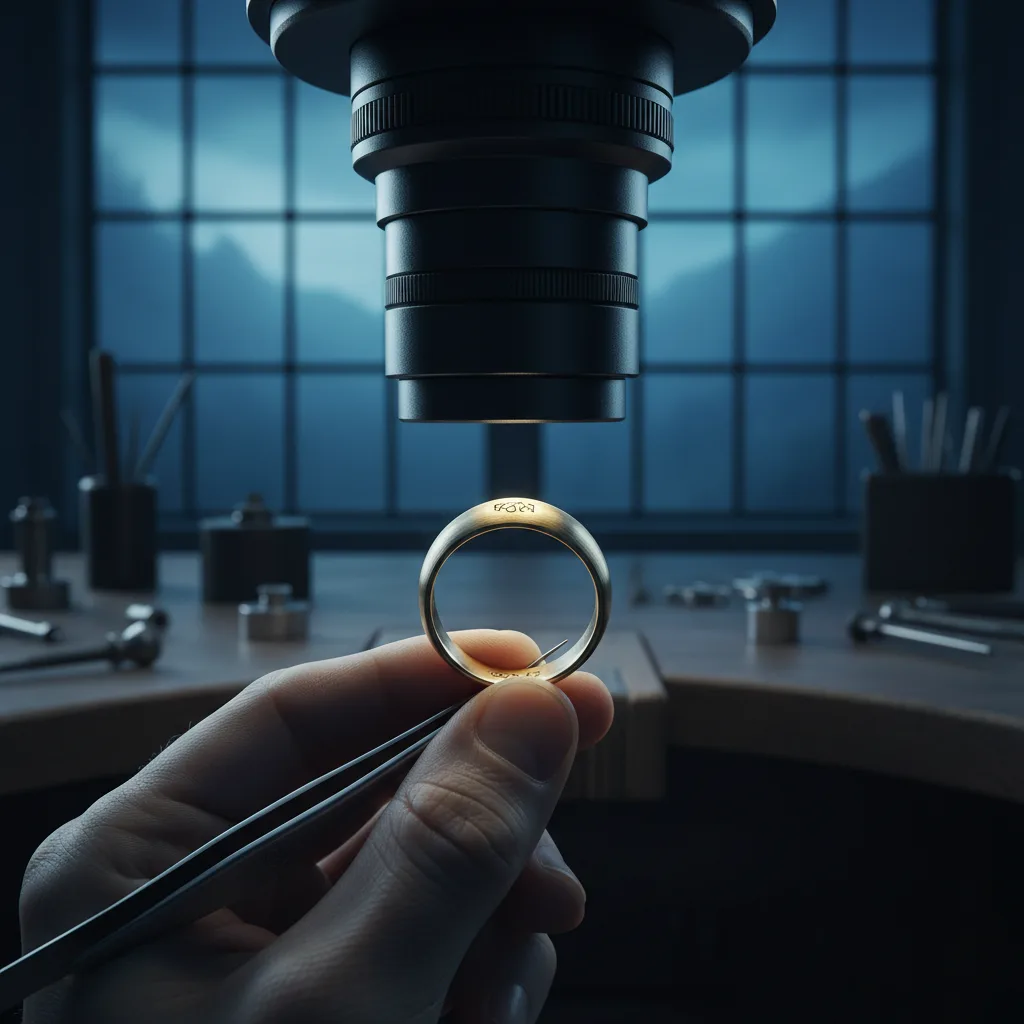Gros plan sur un poinçon gravé sur une bague en or